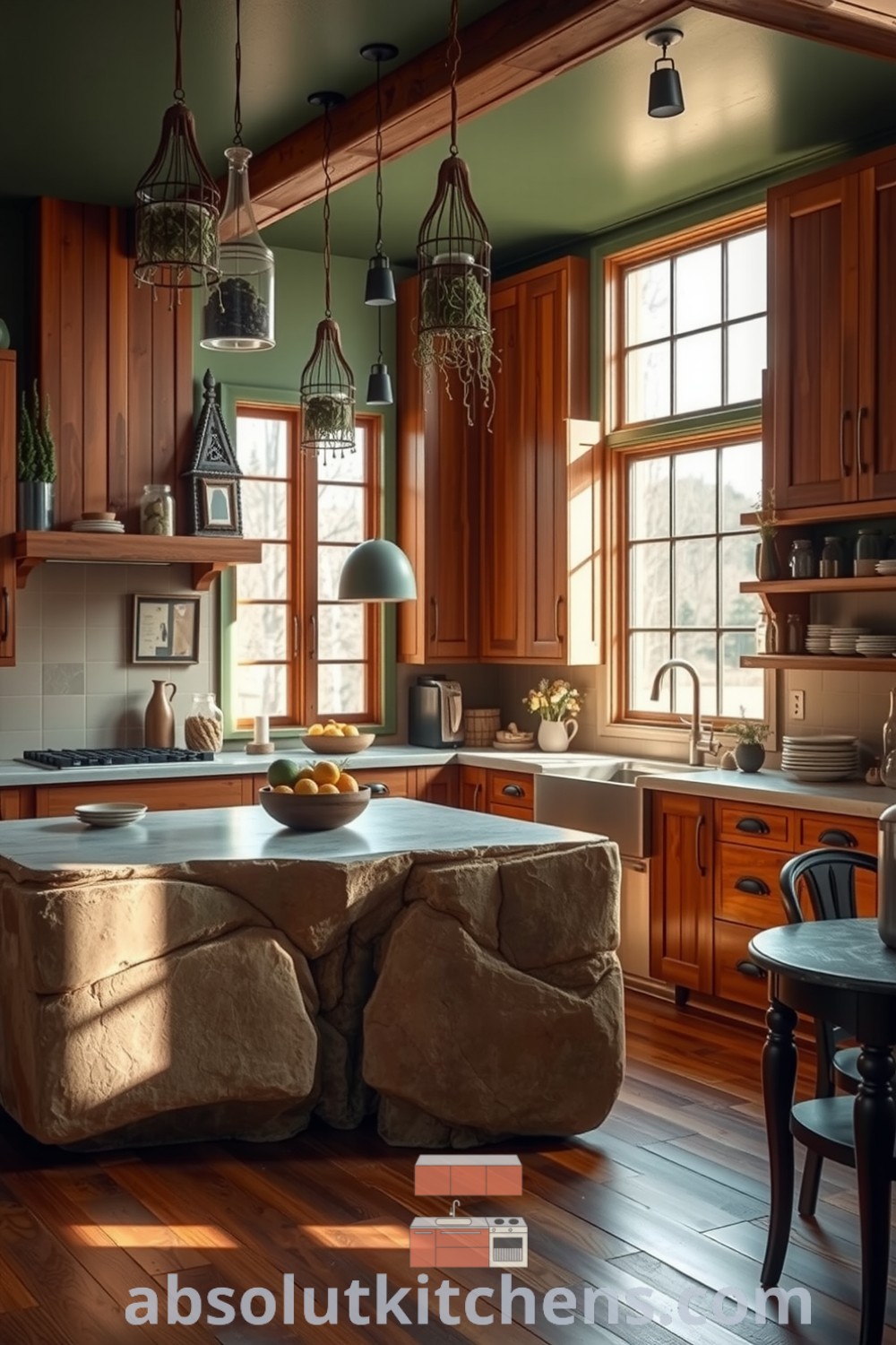 Cozy nature-inspired kitchen featuring rich green accents, rustic wooden cabinets, a large stone island, and sunlight filtering through windows, creating a warm atmosphere ideal for creativity and shared moments. Visit absolutkitchens.com for inspiring decor ideas and design tips for your home.