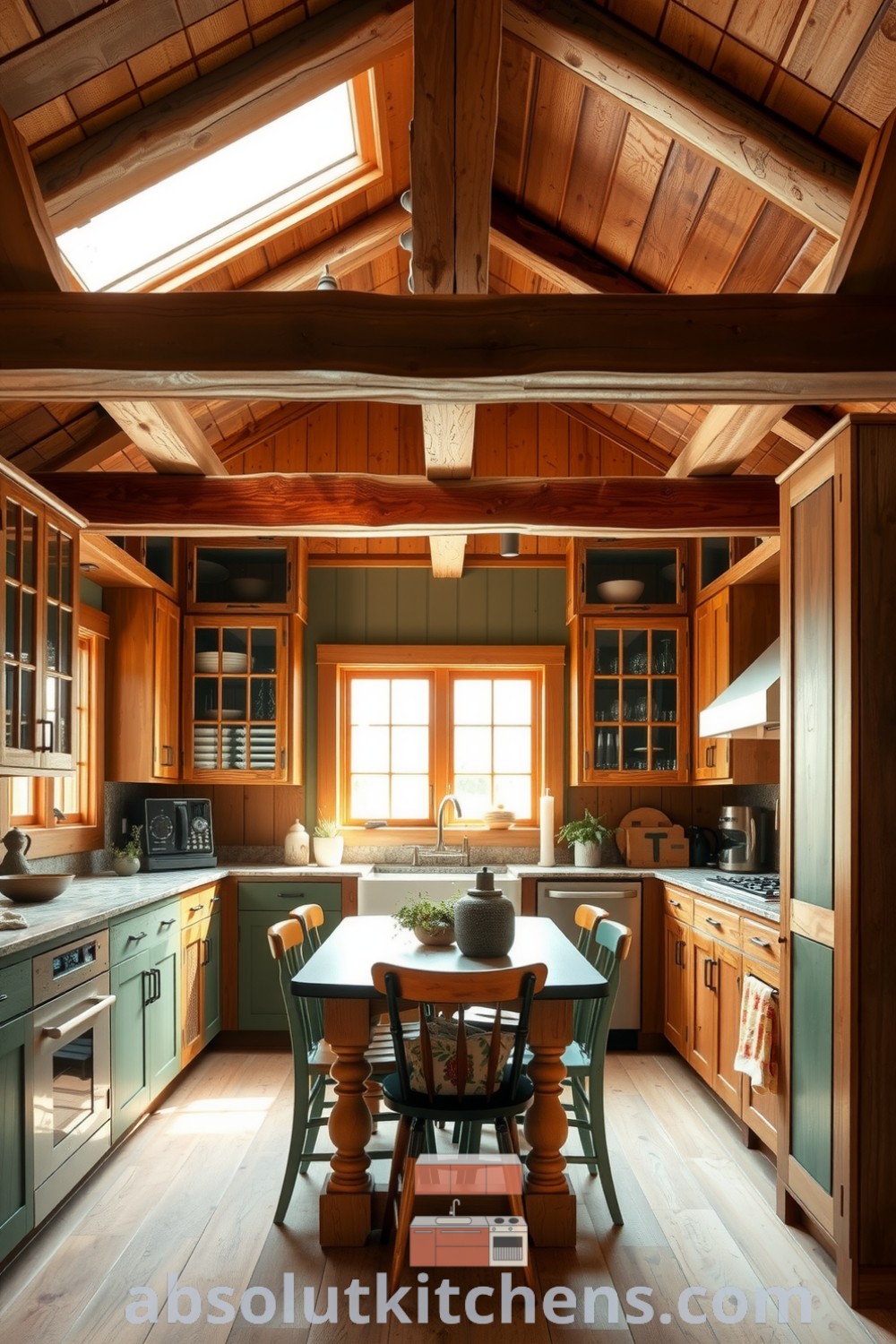 Nature-inspired kitchen featuring soft greens, warm browns, reclaimed wood beams, handcrafted cabinetry, stone countertops, and potted herbs, creating a cozy aesthetic ideal for home and family gatherings. Visit absolutkitchens.com for unique ideas and design inspirations.