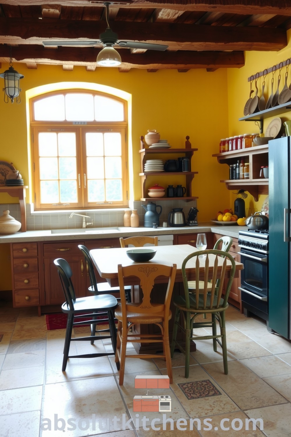 Cozy rustic kitchen design showcasing warm yellow tones, wooden beams, stone countertops, and shelves of earthy pottery, creating an inviting atmosphere perfect for family meals and gatherings. Visit absolutkitchens.com for more inspiring ideas.