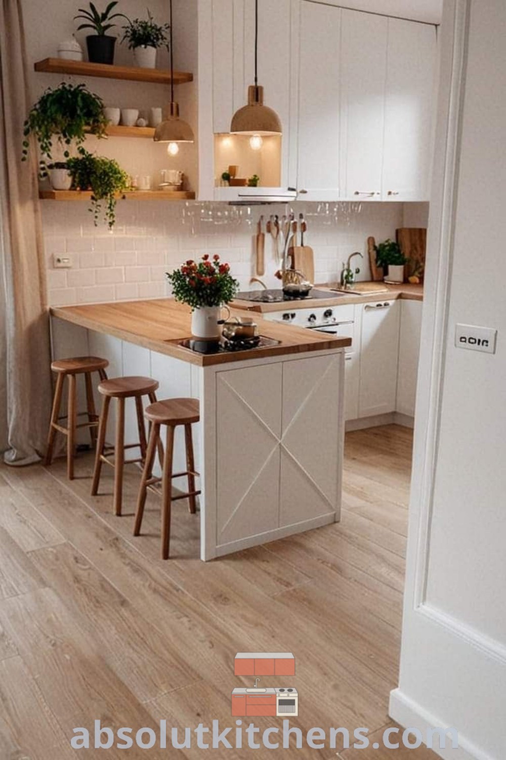 An open kitchen with white cabinets and wooden flooring, viewed from the dining room, showcasing inspiring decor ideas and cozy design elements. This kitchen remodel idea emphasizes functionality and aesthetic appeal, providing unique inspirations for small kitchen decor. Find more ideas for your home at wellnesswink.com.