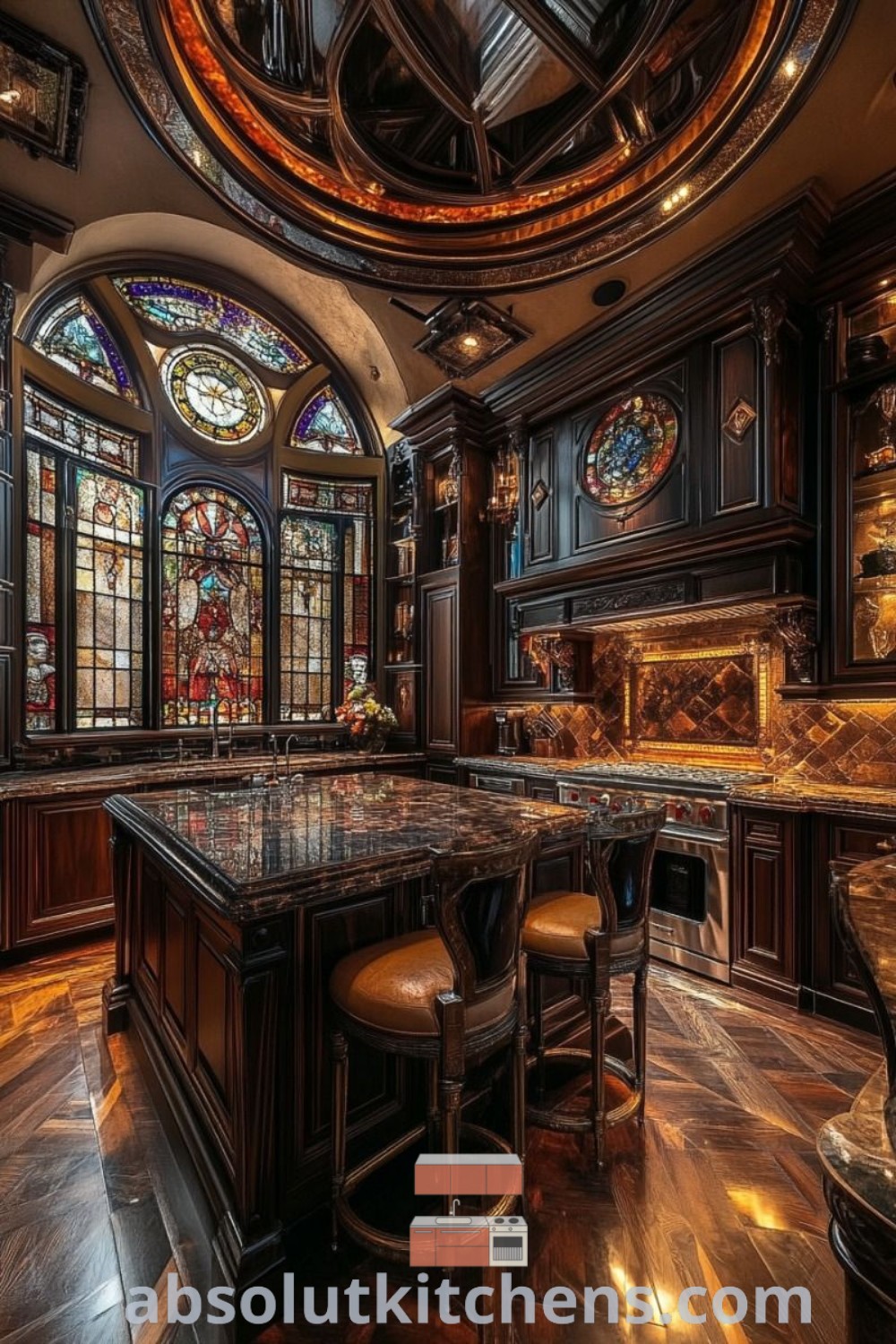 An ornate kitchen with stained glass windows, marble countertops, and stylish bar stools that exemplifies cozy aesthetics and design trends. This inspiring decor offers ideas you need to see for house or apartment renovations. Visit absolutkitchens.com for more decorating ideas.