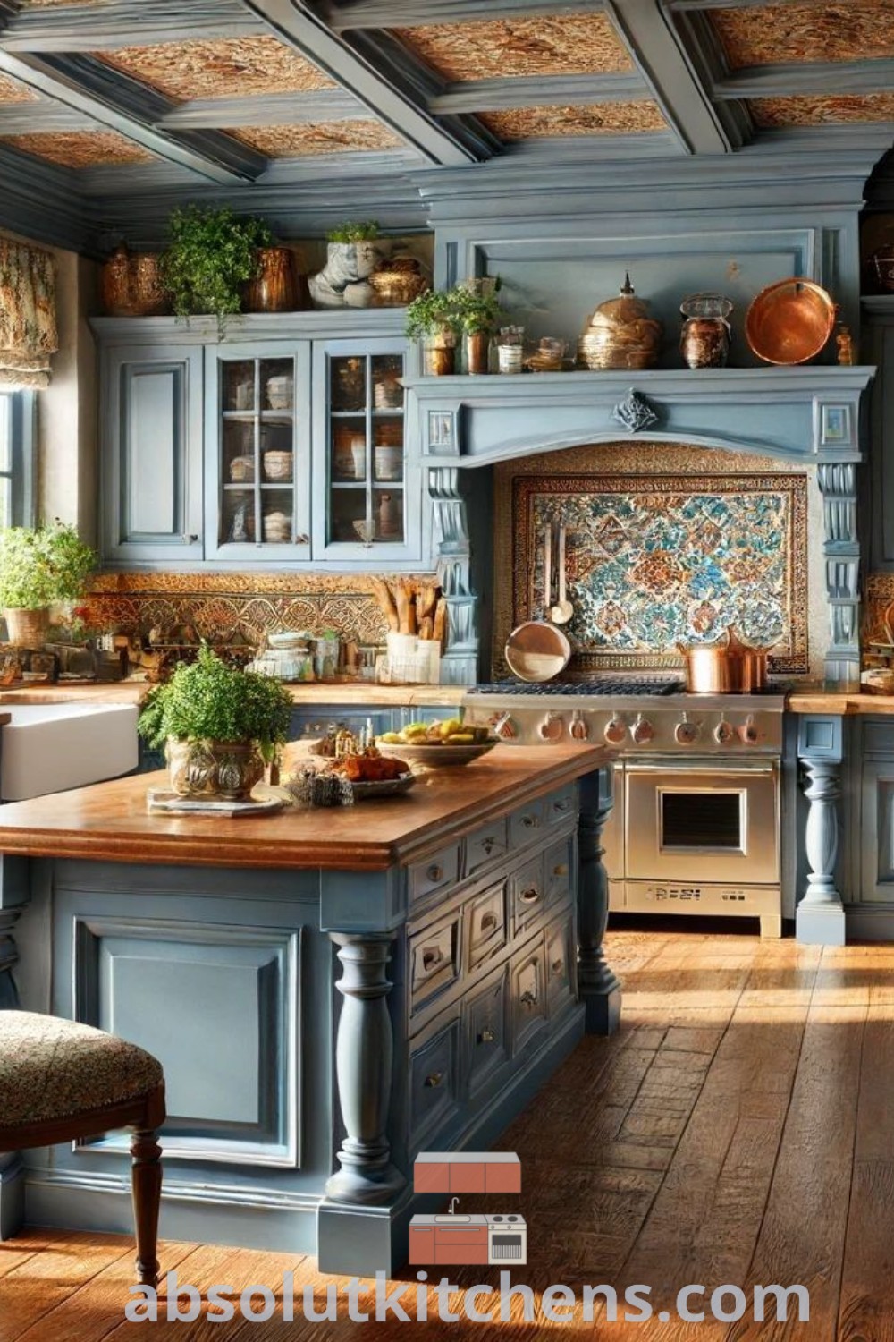 A stylish kitchen showcasing blue cabinets, wooden floors, and an island surrounded by potted plants, providing inspiring decor ideas for small spaces. This cozy aesthetic blends functionality with design trends, perfect for house or apartment renovations. Discover more at absolutkitchens.com.