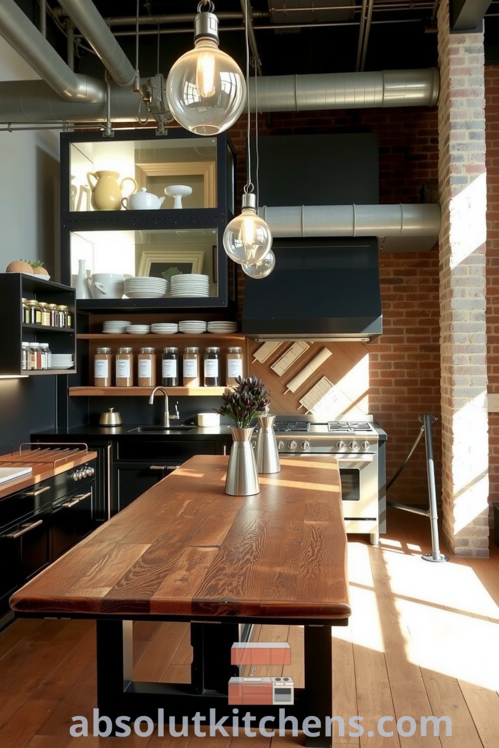 Industrial black kitchen featuring dark metal fixtures, exposed brick walls, and wooden shelves filled with jars, creating a cozy atmosphere, perfect for inspiring home design ideas at fireplacesandwoodstoves.com.