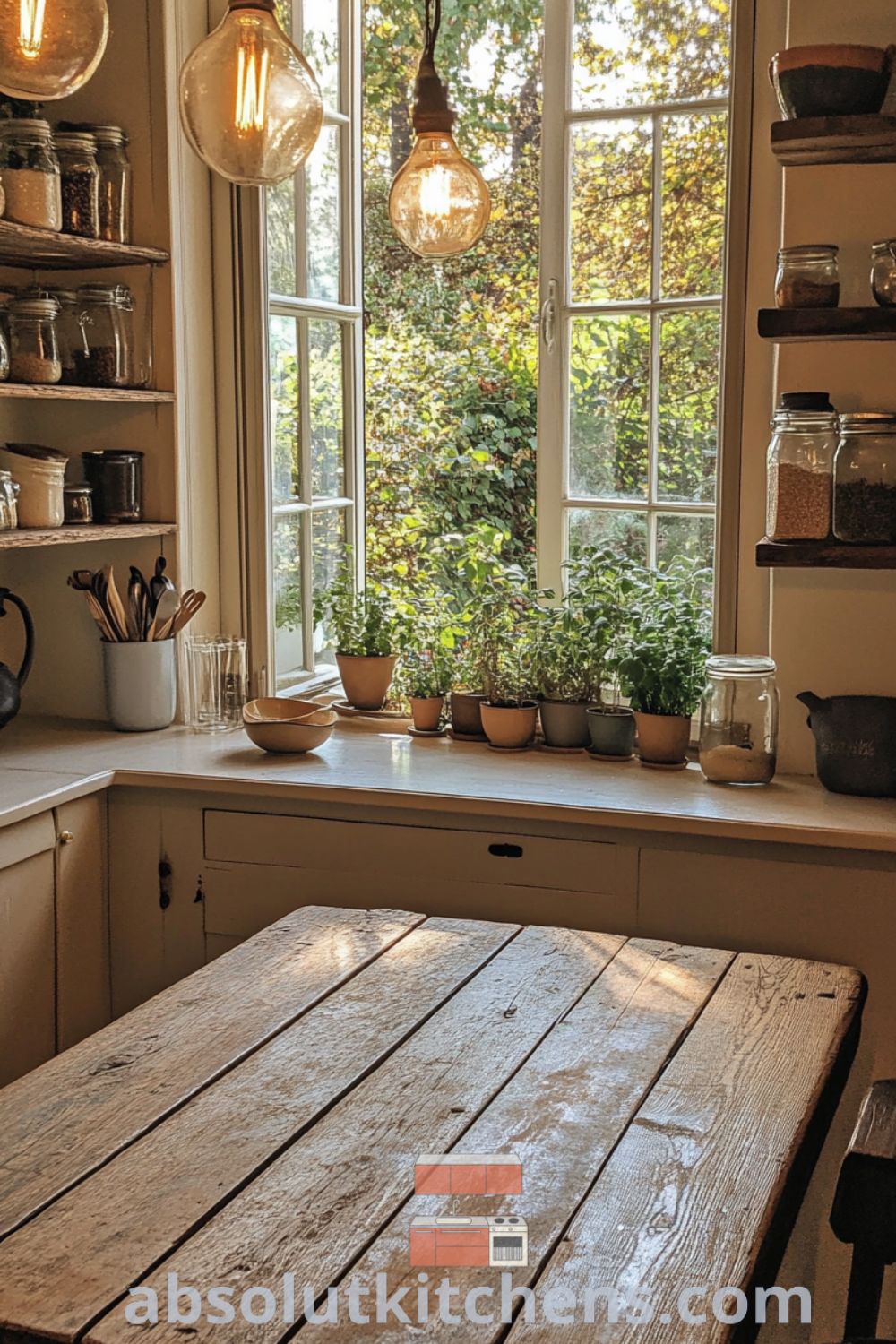 Charming French kitchen decor on absolutkitchens.com featuring a rustic farmhouse table, cozy aesthetic, and inspiring design trends for house or apartment.