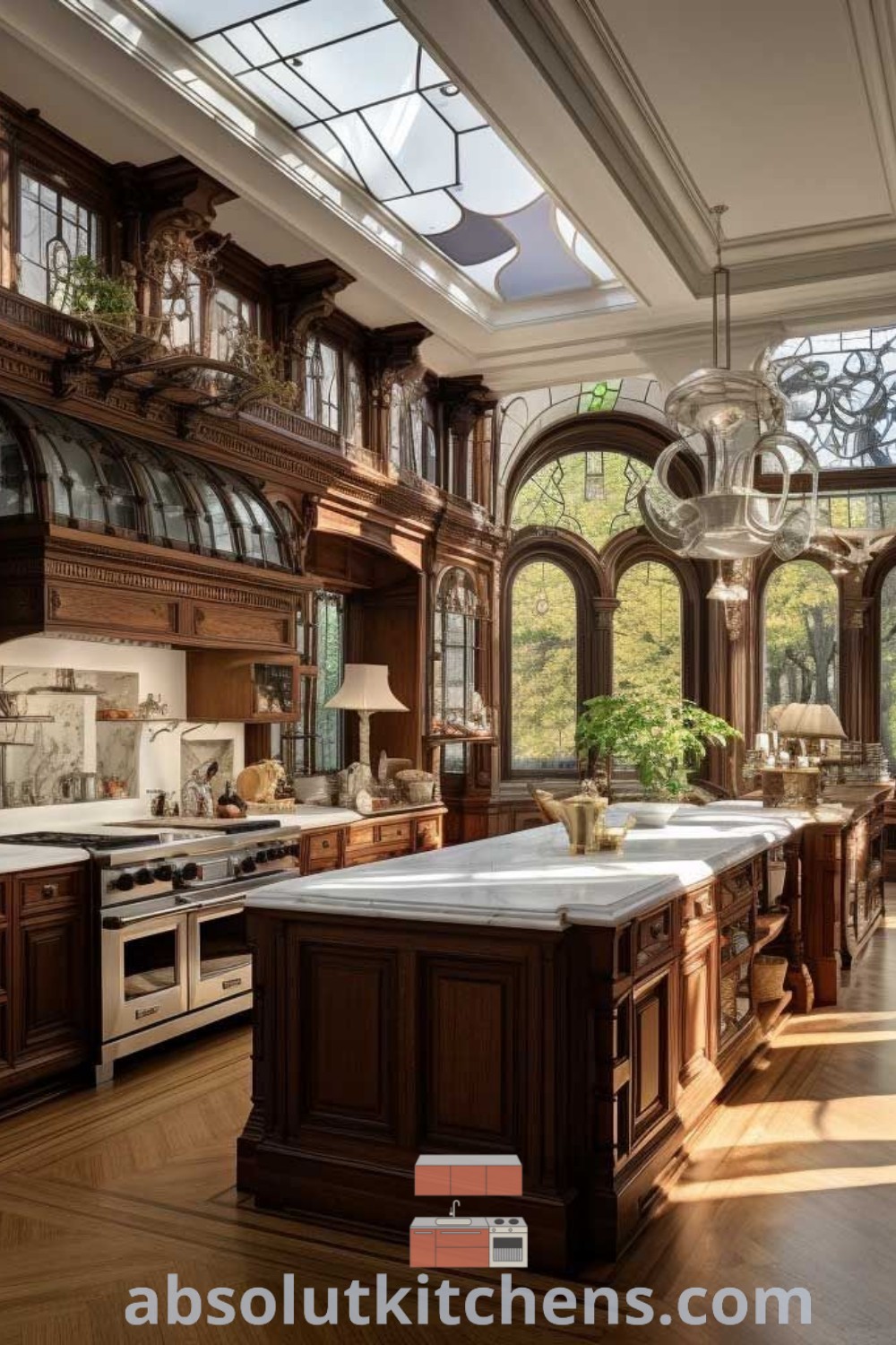 A large Victorian farmhouse kitchen with wooden cabinets, marble countertops, and hardwood flooring, showcasing beautiful old houses interior ideas. Perfect for those seeking cozy kitchen design trends, this space blends functionality and stunning decor ideas for small spaces, as seen on absolutkitchens.com.