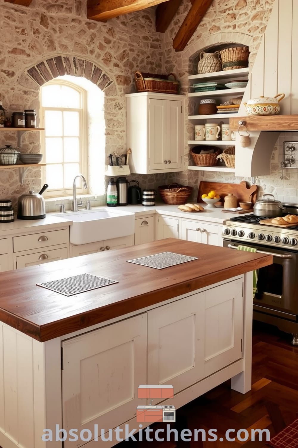 Rustic kitchen featuring white cabinetry, rough stone walls, a wooden island, and bright sunlight illuminating charming decor, offering cozy ideas and design inspirations for your home on fireplacesandwoodstoves.com.