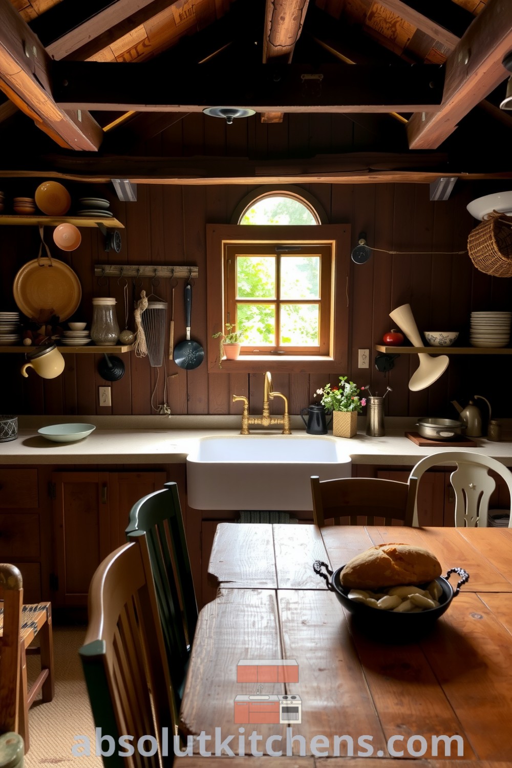 Cozy farmhouse kitchen featuring wooden beams, a deep farmhouse sink, vintage utensils, and a sunlit window overlooking a lush garden, exemplifying warm decor ideas and inspirations for a welcoming home. Visit absolutkitchens.com for more cozy ideas.