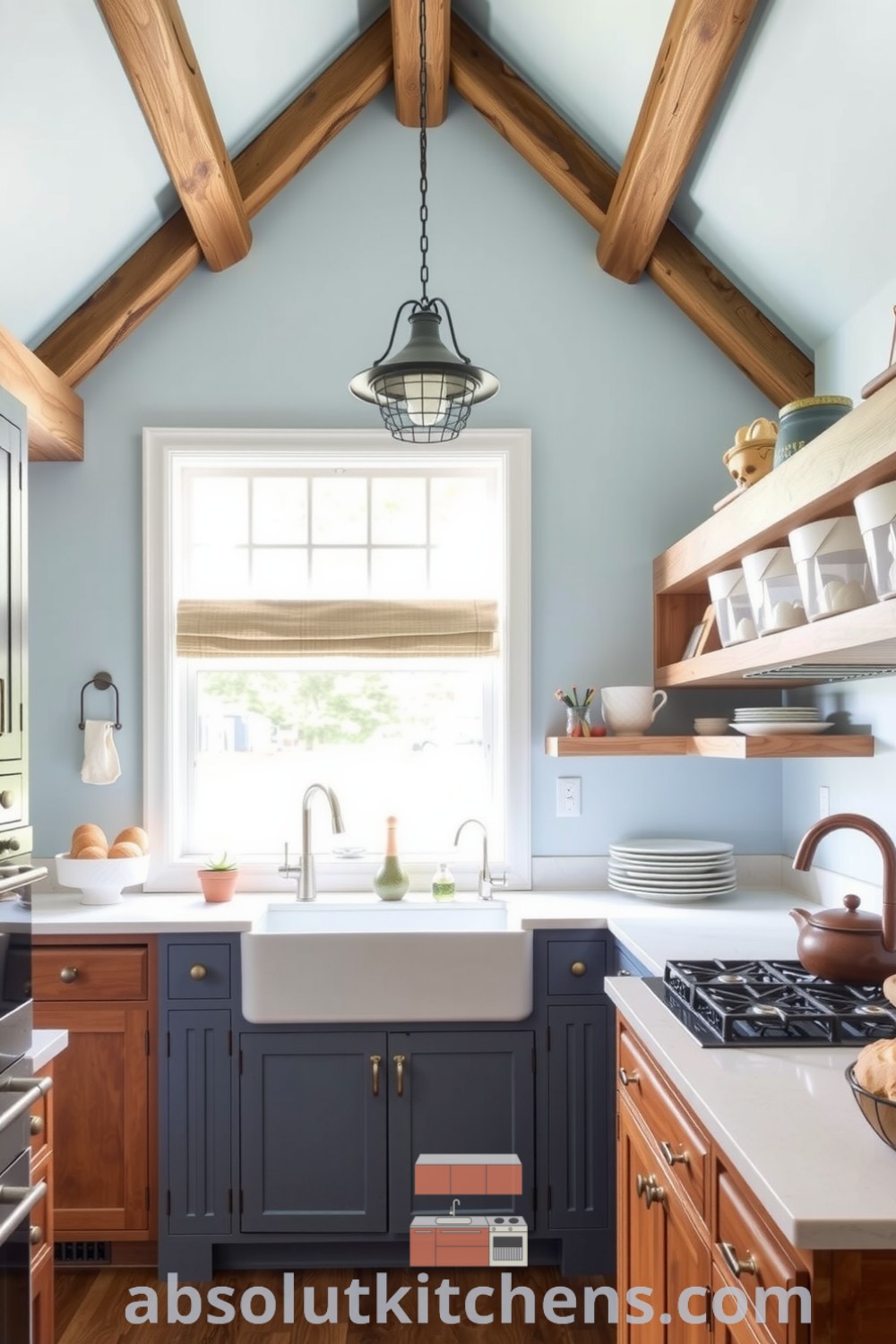 Cozy modern farmhouse kitchen featuring blue walls, reclaimed wood beams, a large farmhouse sink, and weathered cabinetry balanced with sleek metal fixtures, perfect for inspiring decor ideas for your home. Visit absolutkitchens.com for more design tips.