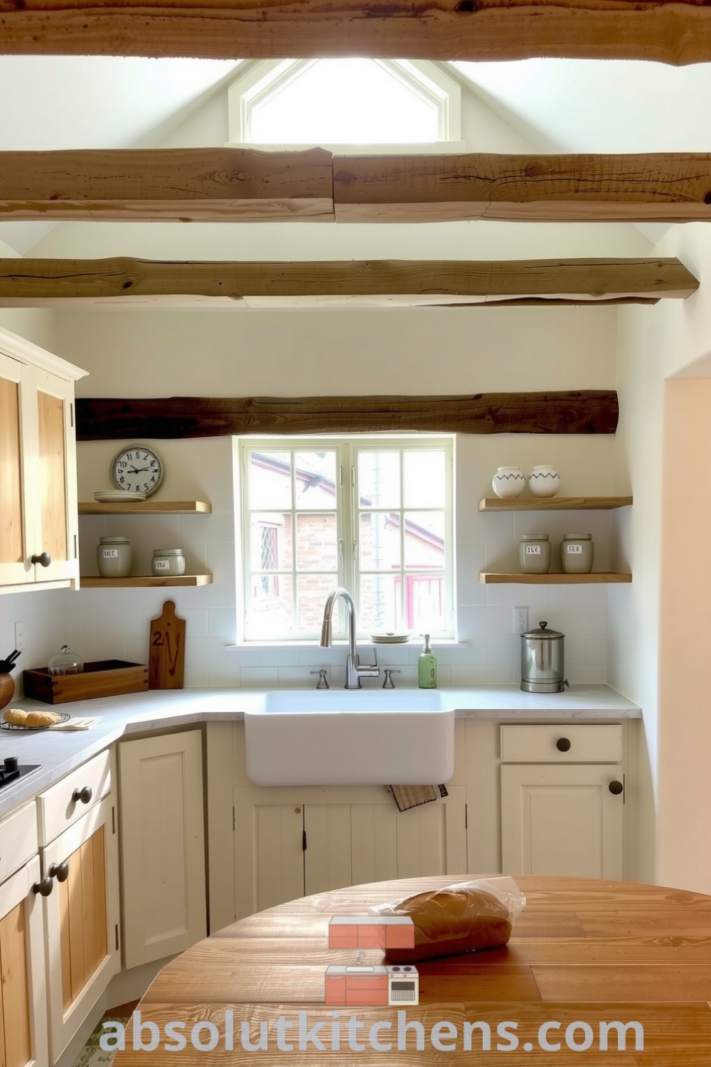 Cozy farmhouse kitchen featuring creamy white walls, distressed wooden beams, large farmhouse sink, rustic cabinets, and a wooden countertop, embodying a warm and welcoming atmosphere perfect for family gatherings. Visit absolutkitchens.com for inspiring decor ideas.