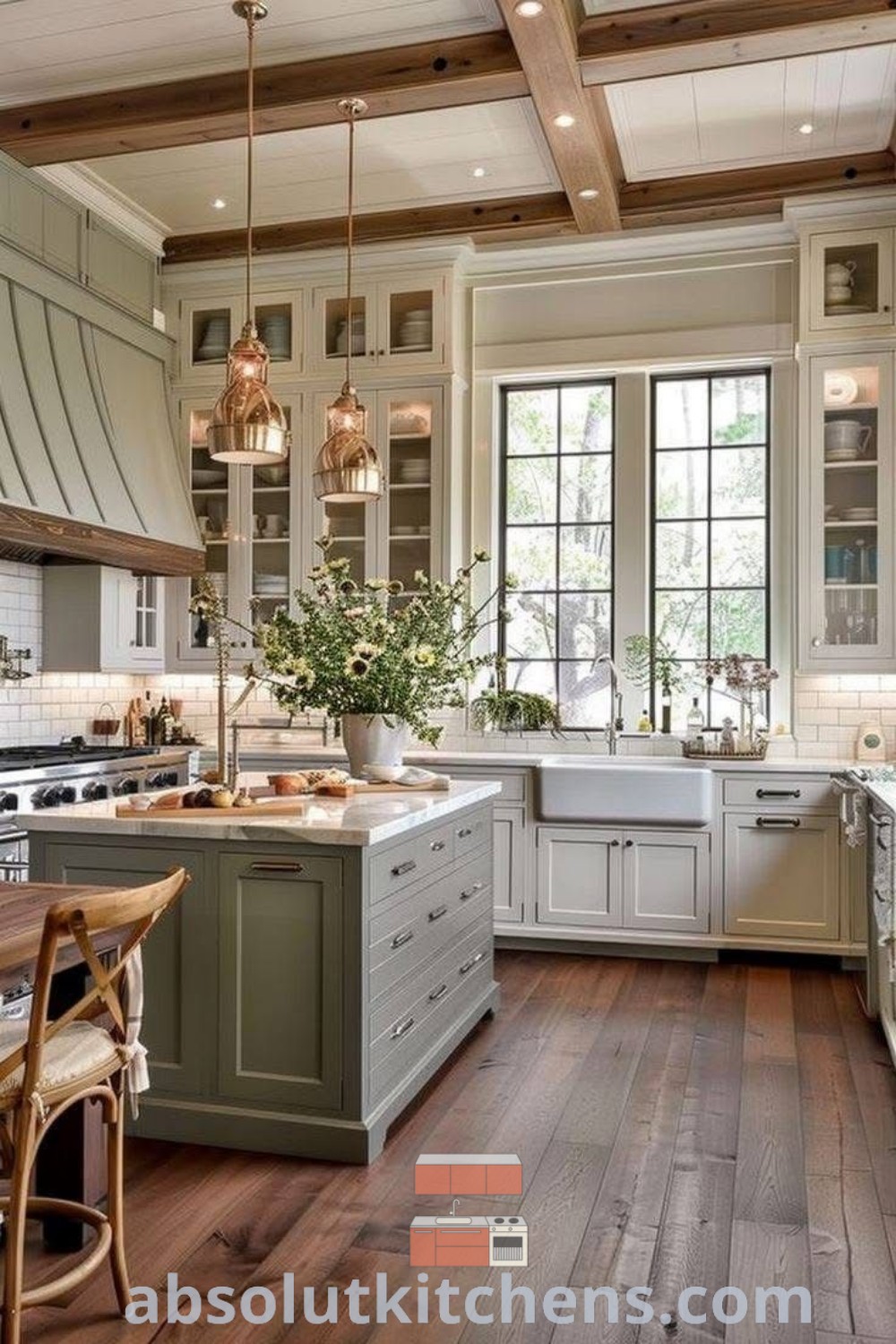 A large cream kitchen with wooden floors and white cabinets, showcasing stove vent hood and rustic charm. This inspiring design offers cozy kitchen ideas and decor tips for a farmhouse chic vibe. Explore more at absolutkitchens.com.