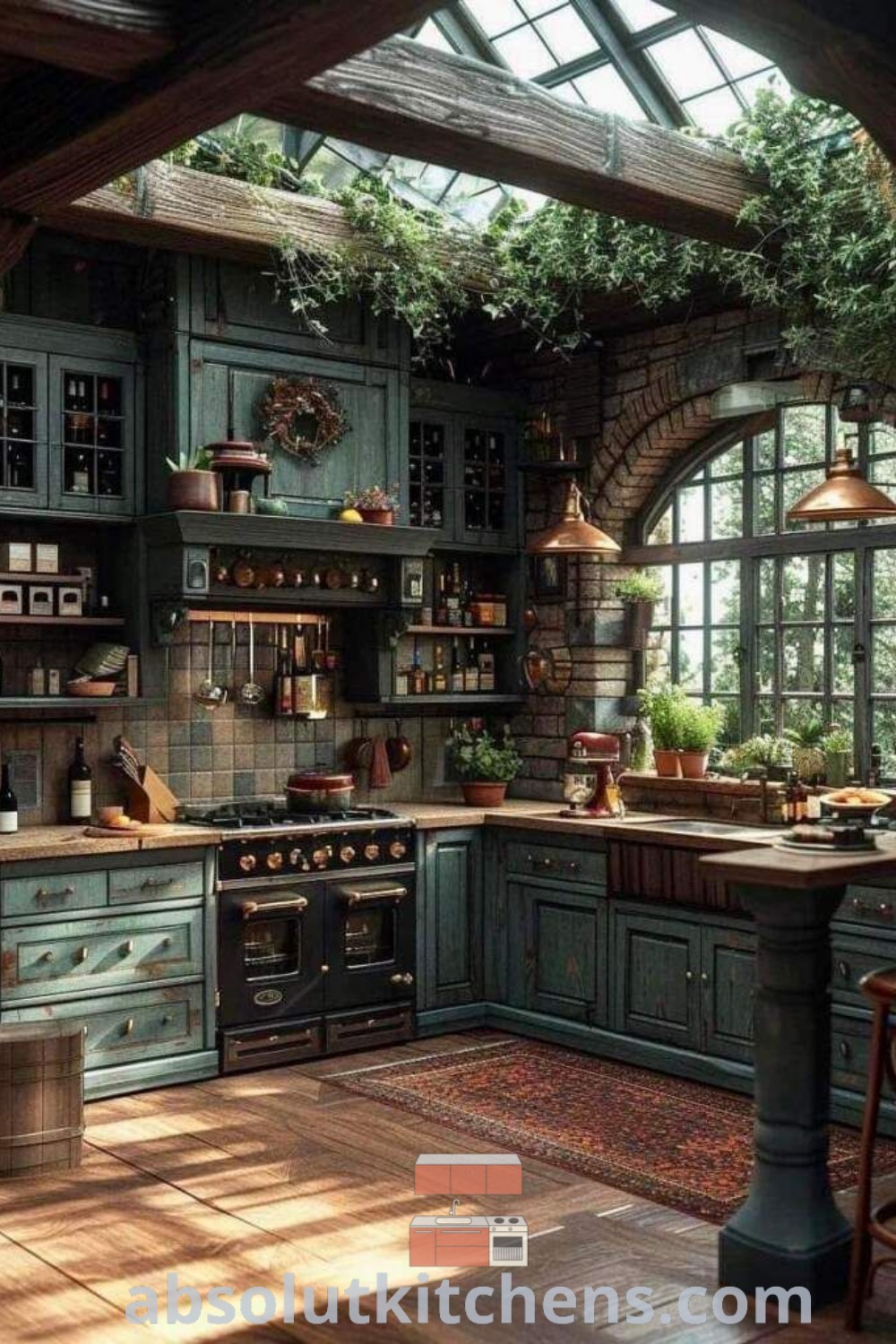 A cozy old fashioned kitchen with green cabinets and wooden floors, decorated with greenery, showcasing a charming cottagecore and dark academia aesthetic. Find design tips for creating an inspiring space at absolutkitchens.com.