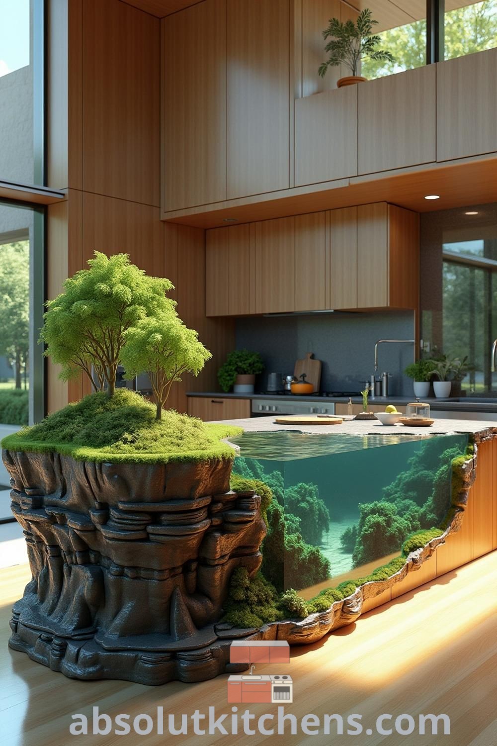 A futuristic kitchen showcasing an indoor pond with trees, a wood resin table, and aquatic garden elements. This design combines fantasy furniture and fish tank ideas, creating an inviting and inspiring space for house or apartment decor. Explore more at absolutkitchens.com.