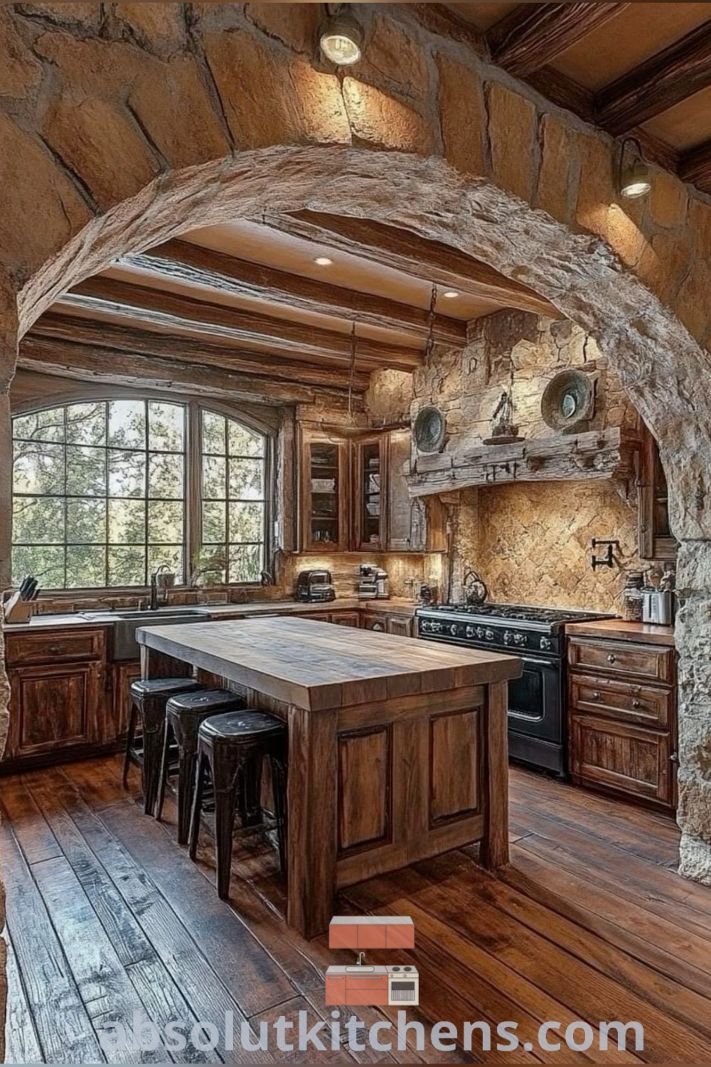A rustic kitchen with wooden floors and an archway leading to a dining room with stone walls, showcasing cozy decor ideas for small spaces. This inviting atmosphere encapsulates rustic home design trends. Explore more decor ideas for your house at absolutkitchens.com.