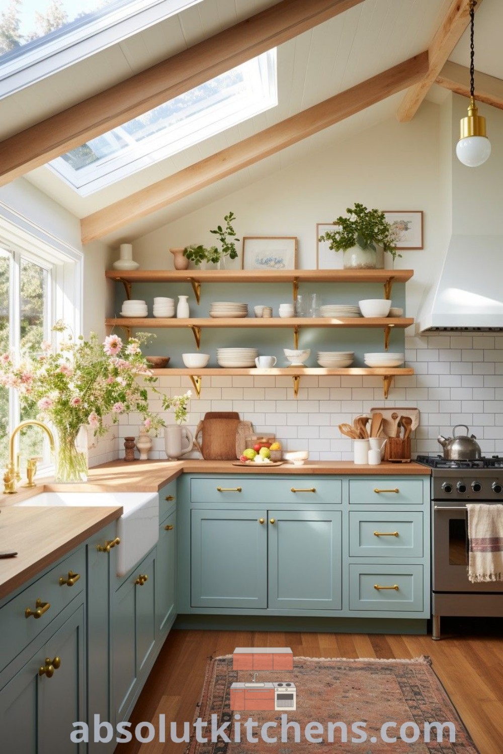 A charming cottage kitchen with ample counter space beside a stove top oven under a skylight, showcasing cozy cottage design inspiration. This kitchen embodies the cozy aesthetic, perfect for small space decor ideas. Discover a range of kitchen renovation tips at absolutkitchens.com.