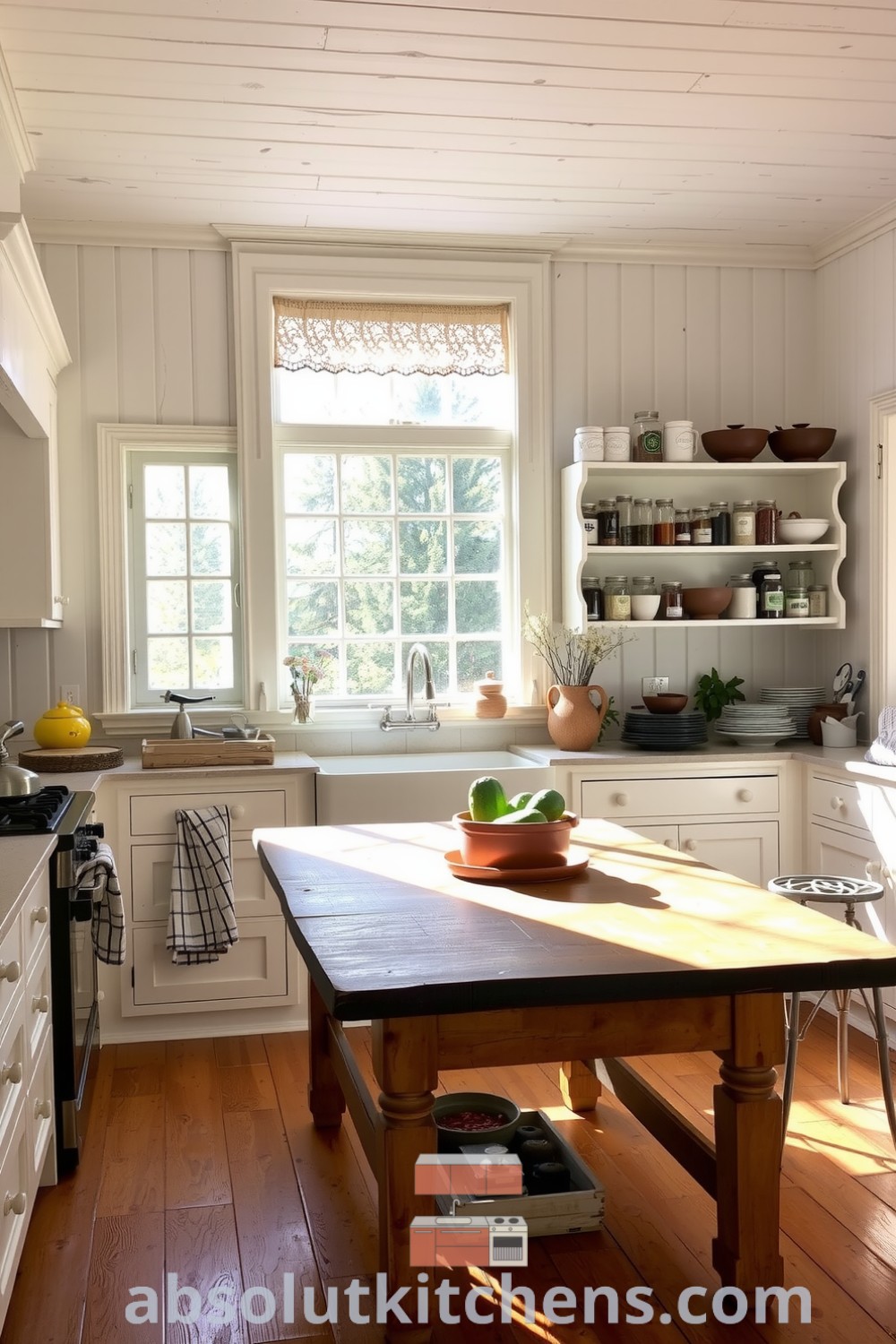 Cozy farmhouse kitchen with sunlight filtering through lace-curtained windows, featuring rustic wooden flooring, weathered cabinetry, mismatched ceramic bowls, and jars filled with colorful spices, perfect for design ideas and cozy inspirations for your home. Visit absolutkitchens.com.