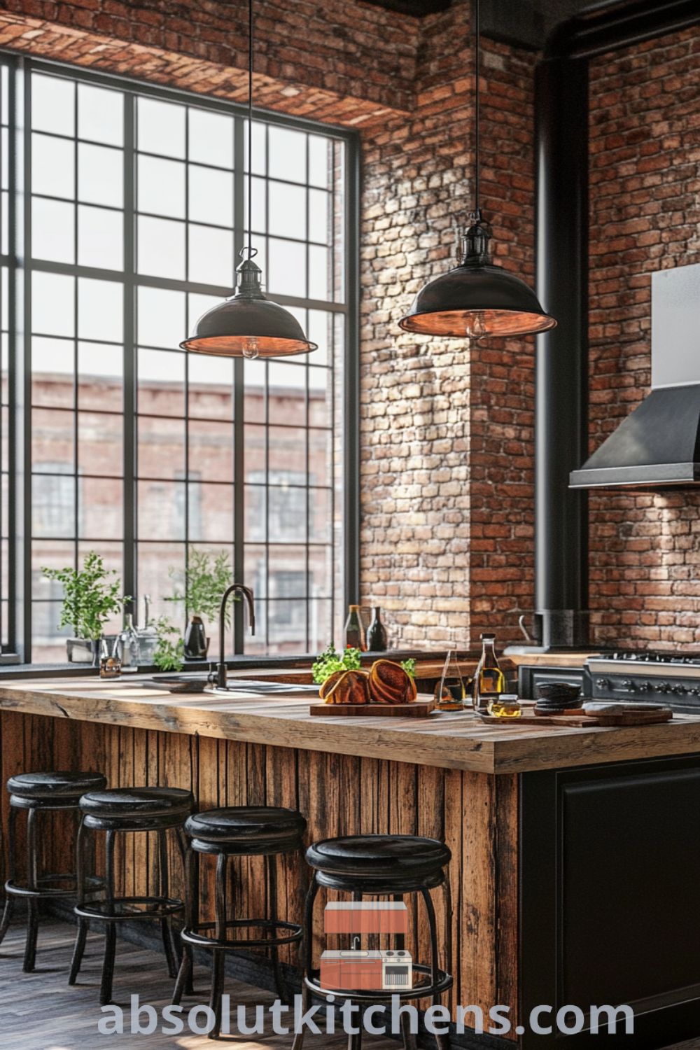 A welcoming urban loft kitchen on absolutkitchens.com featuring a reclaimed wood island, loft kitchen design, and large windows for natural light, ideal for cozy gatherings and culinary creativity.
