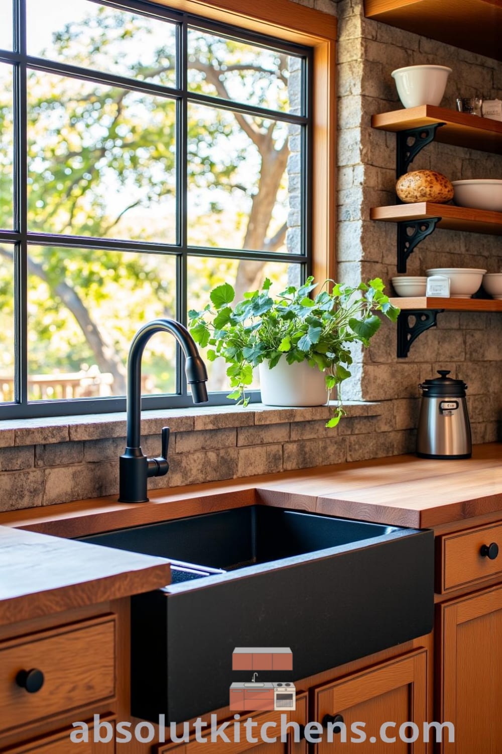 Rustic kitchen featuring blackened iron fixtures, wooden cabinetry, a farmhouse sink, and a stone backsplash illuminated by sunlight, with hanging herbs adding warmth, offering cozy ideas for your home from fireplacesandwoodstoves.com.