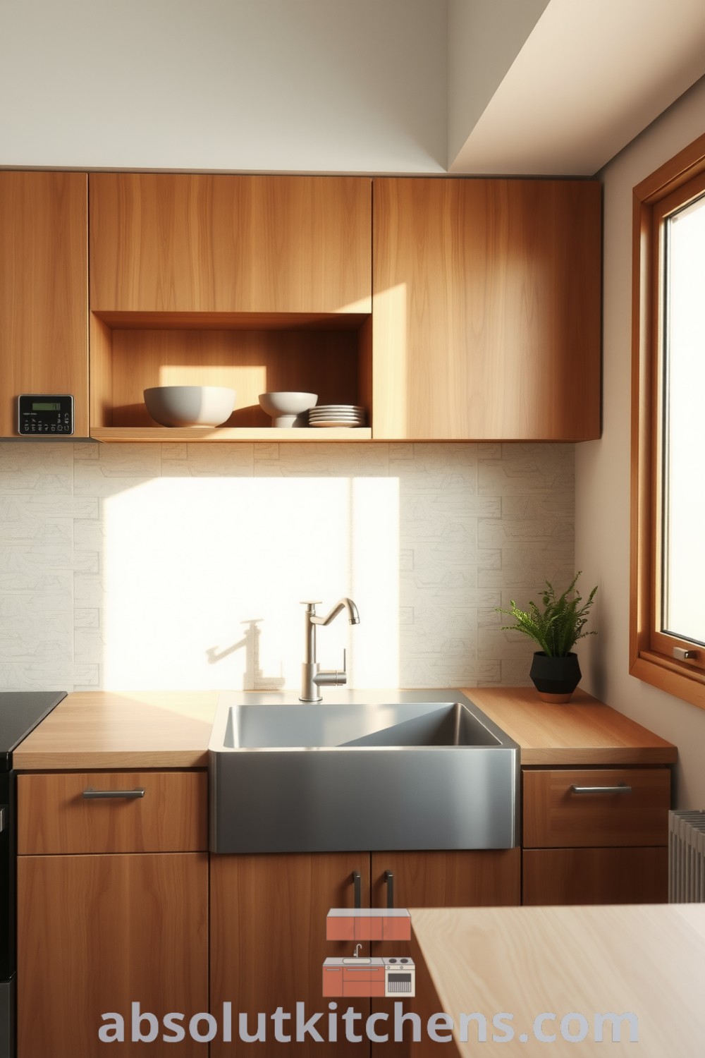 Minimalist kitchen designed with warm brown tones, wooden cabinets, and a stone backsplash, featuring open shelving with ceramic bowls, a stainless steel sink, and a herb pot enhancing the cozy atmosphere, showcasing unique ideas for your home from fireplacesandwoodstoves.com.