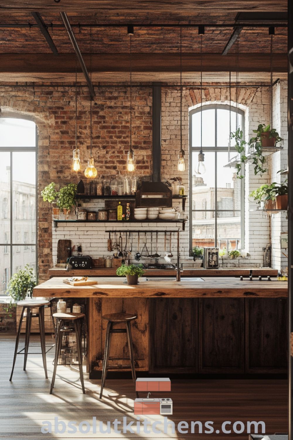 Loft kitchen design featuring reclaimed wood island, rustic elements, and cozy aesthetic on absolutkitchens.com with decor ideas for small spaces and inviting atmosphere.