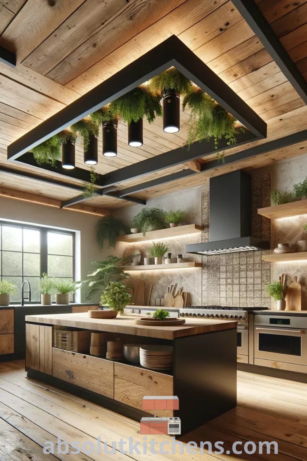 A cozy kitchen with wooden floors, potted plants on the countertop next to an oven, showcasing design tips and home decor ideas for small spaces. This setup reflects the cozy aesthetic of a home sweet home, offering inspiring ideas for kitchens at absolutkitchens.com.
