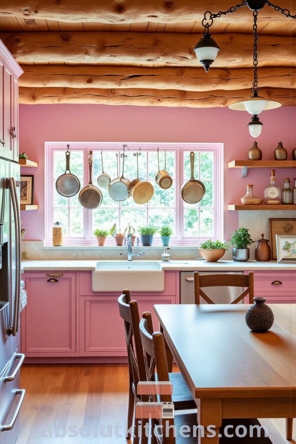 Cozy rustic kitchen with soft pink walls, wooden beams, mismatched chairs, and a farm table, featuring artisanal pots and herbs, offering unique decor ideas for creating a warm, inviting atmosphere at fireplacesandwoodstoves.com.