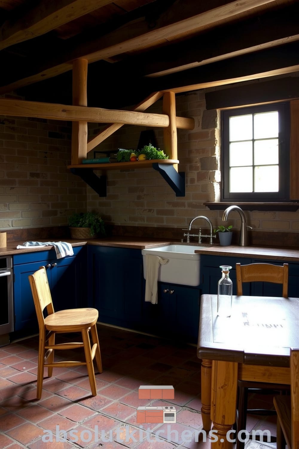 Rustic kitchen with deep blue accents, wooden beams, weathered stone walls, and a farmhouse sink, featuring a wooden table and mismatched chairs, exemplifying cozy home design ideas from fireplacesandwoodstoves.com.