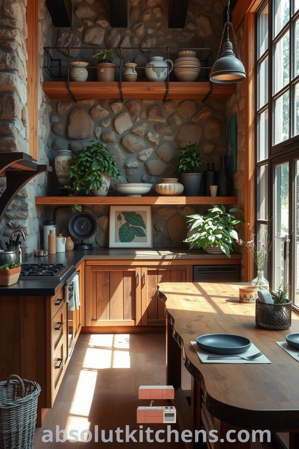 Cozy nature-inspired kitchen featuring stone walls, weathered wooden cabinets, handmade pottery, and lush plants, illuminated by sunlight, creating a warm and inviting atmosphere. Visit absolutkitchens.com for unique ideas and decor inspirations for your home.
