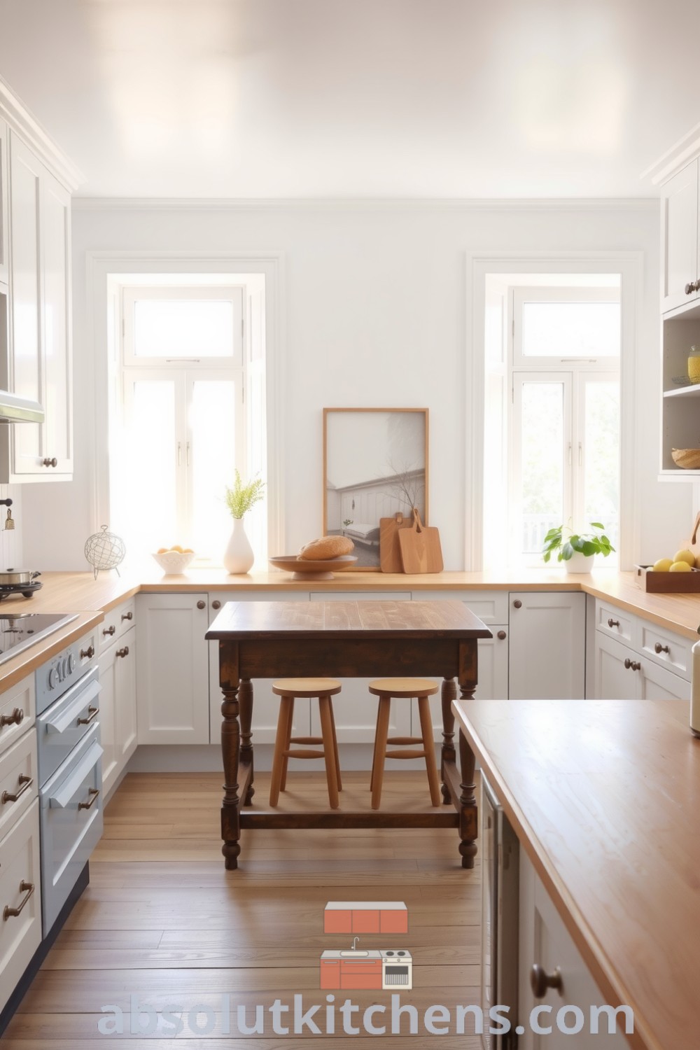 Cozy Scandinavian kitchen with white cabinetry and a wooden countertop, featuring a vintage dining table and soft natural lighting, creating an inviting atmosphere perfect for family gatherings. Visit fireplacesandwoodstoves.com for design ideas and decor inspirations.