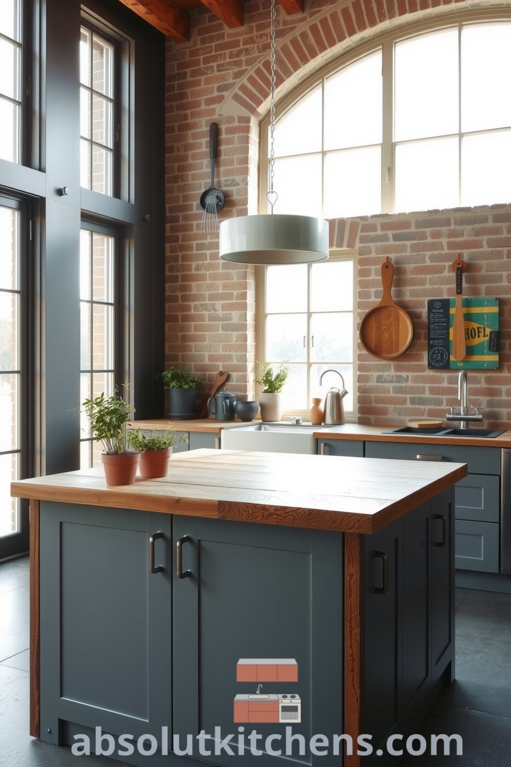 Loft kitchen with exposed brick walls, reclaimed wood island, metal accents, vintage tools, and potted herbs, creating a cozy atmosphere full of design inspiration from fireplacesandwoodstoves.com.