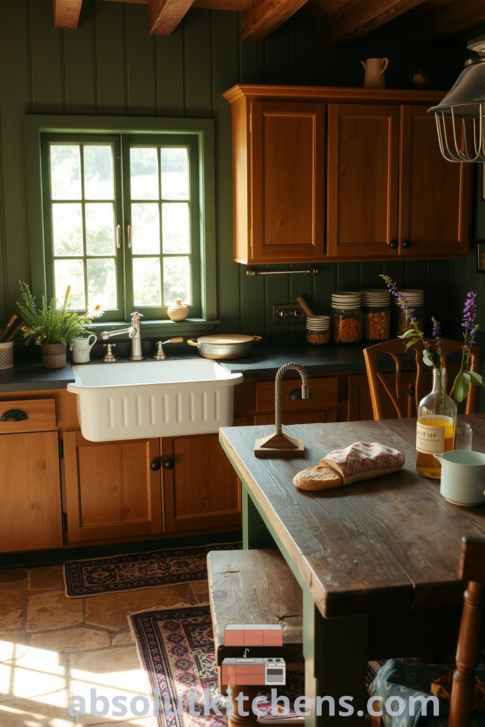 Cozy farmhouse kitchen with weathered oak cabinets, a gleaming farmhouse sink, and a sturdy wooden table adorned with fresh herbs and wildflowers, creating an inviting atmosphere perfect for family gatherings. Visit absolutkitchens.com for decor ideas and inspirations.