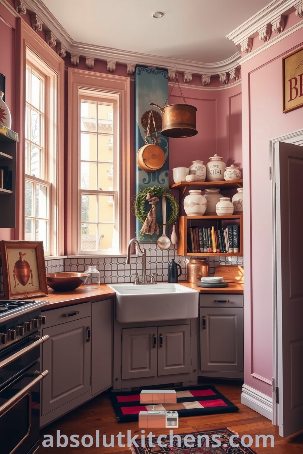 Cozy Victorian kitchen featuring soft pink walls, intricate moldings, vintage tiles, copper pots, and shelves filled with books and jars, creating an inviting atmosphere perfect for a cozy home. Visit absolutkitchens.com for more design ideas.