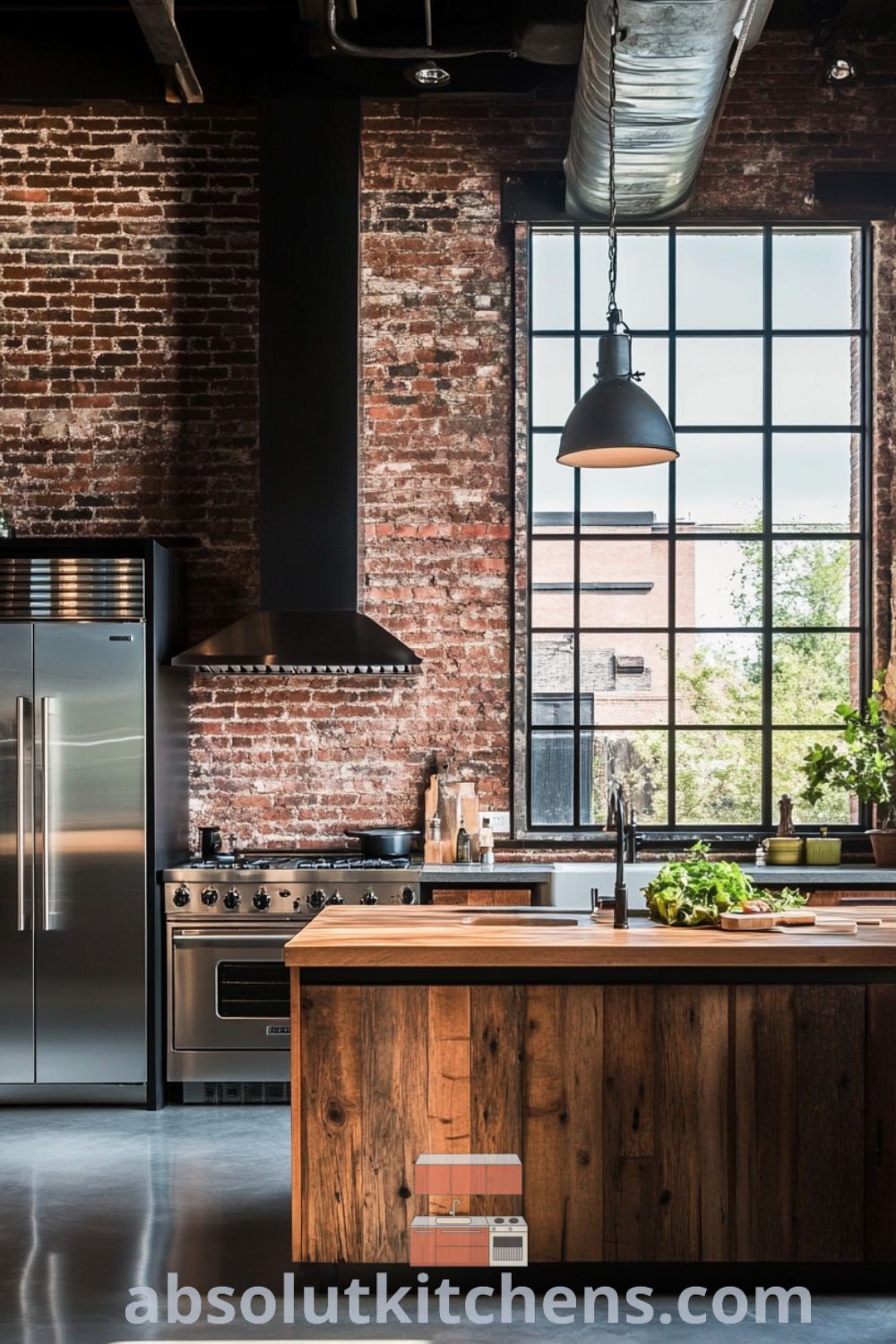Urban loft kitchen scene on absolutkitchens.com showcasing loft kitchen ideas, modern lofts, and cozy aesthetic with reclaimed wood and stainless-steel fixtures.