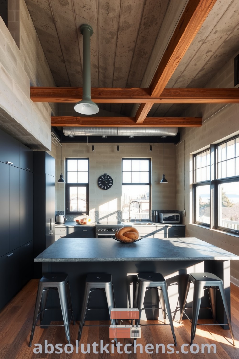 Loft kitchen with black matte cabinets, dark textured stone island, and metal stools against concrete walls, showcasing cozy ideas and modern decor inspirations for your home, inviting warmth and sophistication from fireplacesandwoodstoves.com.