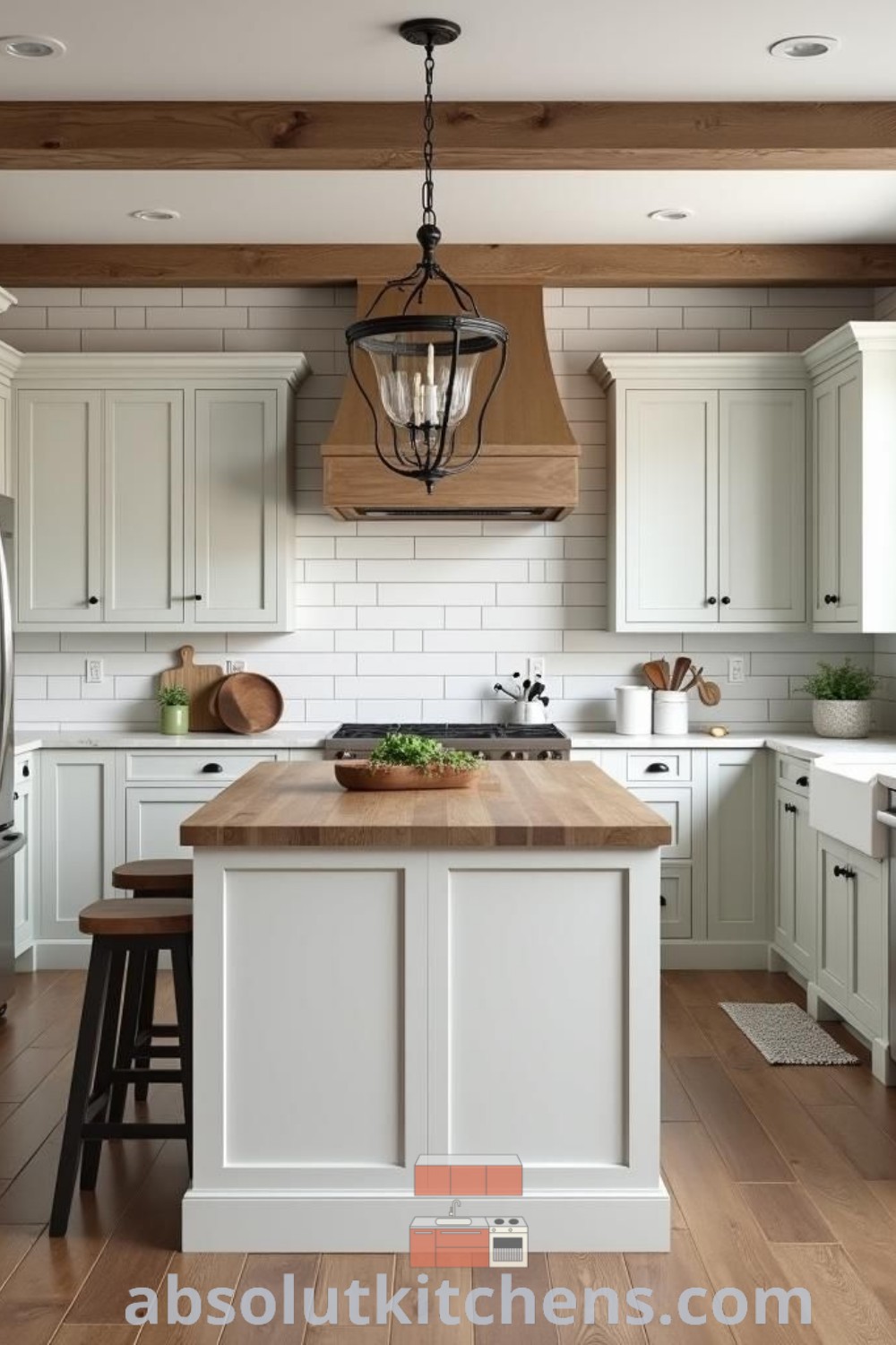 A large modern farmhouse kitchen with white cabinets, wood flooring, and an island, providing decor ideas for cozy and functional spaces. This inviting design showcases elements of European country kitchen style. Discover inspiration at absolutkitchens.com.