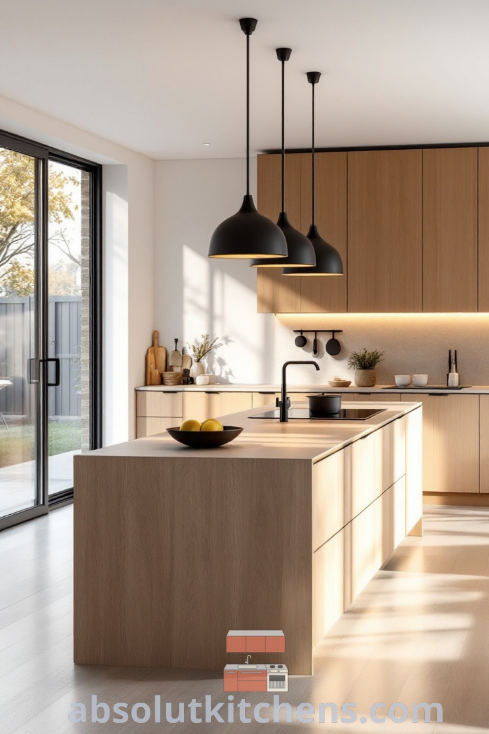 A minimalist Scandinavian kitchen showcasing elegant Nordic oak design, floor-to-ceiling cabinets, and a cozy color palette of white, beige, and black. This extreme minimalist kitchen offers inspiring decor ideas and functional beauty, providing a tranquil space to enjoy cooking. Explore more design inspirations at wellnesswink.com.
