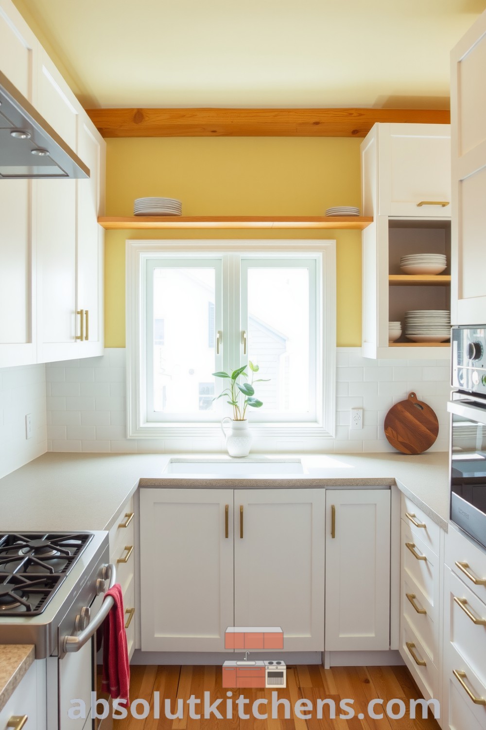 Minimalist kitchen with soft yellow tones, white cabinetry, warm wood accents, open shelving, concrete countertop, and a cozy nook with a potted plant. Discover cozy ideas and inspiring decor for your home at fireplacesandwoodstoves.com.