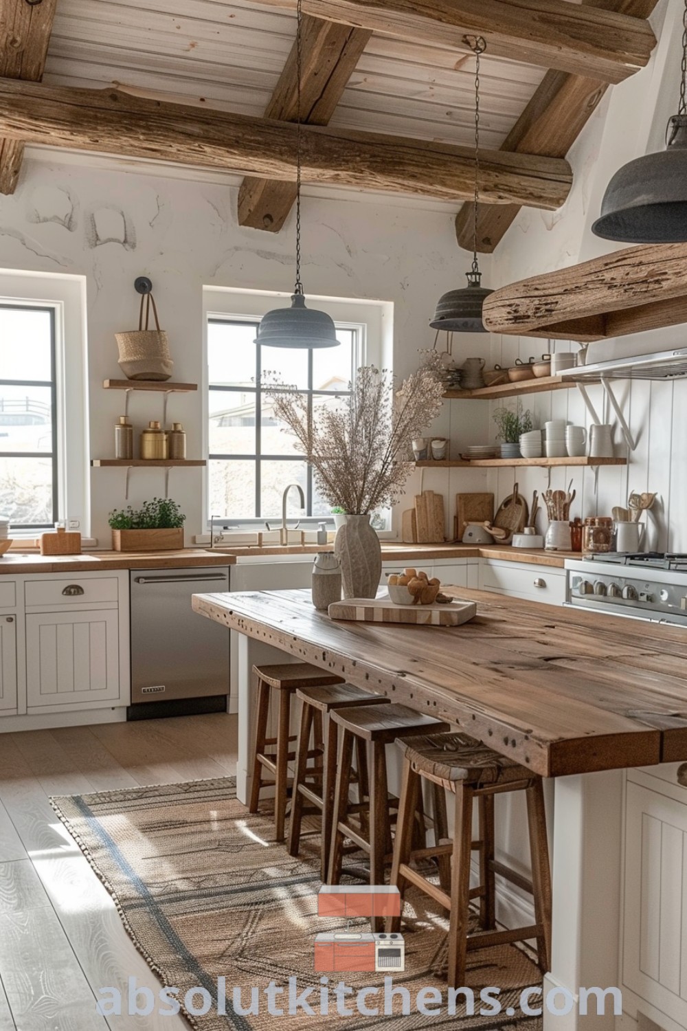 A cozy country style kitchen with white cabinets and wooden counters, featuring design trends and rustic kitchen elements. This farmhouse-inspired decor showcases ideas you need to see for house or apartment interiors, perfect for creating a charming and functional cooking space. Discover more at absolutkitchens.com.
