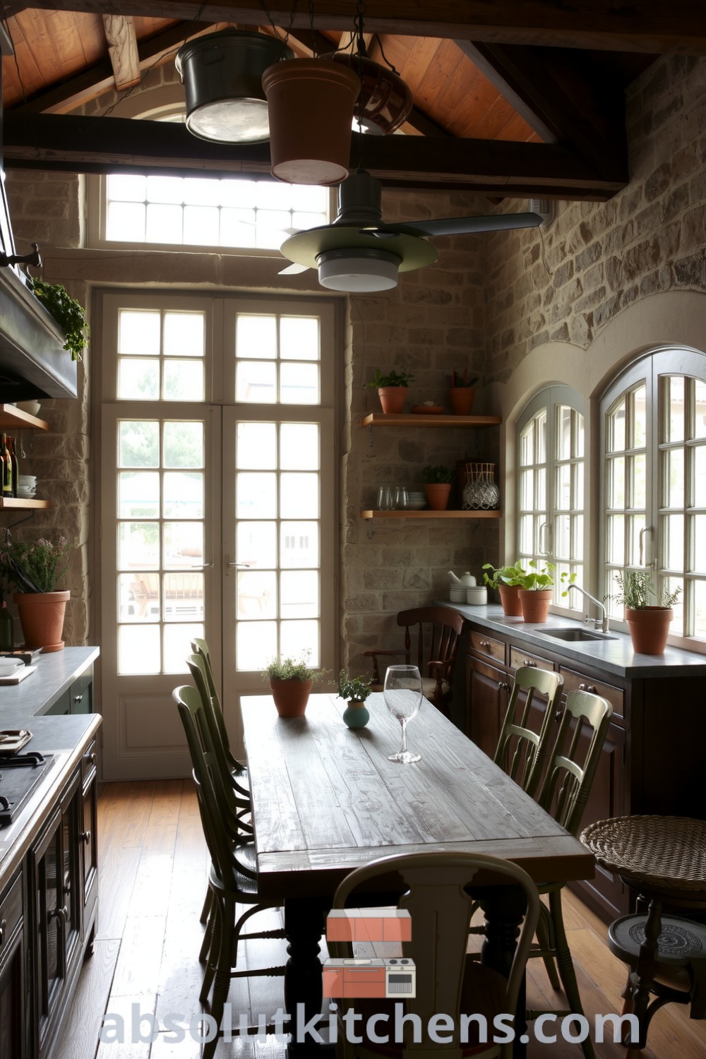 Cozy French kitchen with natural light, timeworn stone walls, rustic wooden beams, a farmhouse table, copper pots, and terracotta herb pots, creating an inviting atmosphere perfect for family gatherings. Visit absolutkitchens.com for inspiring decor ideas.