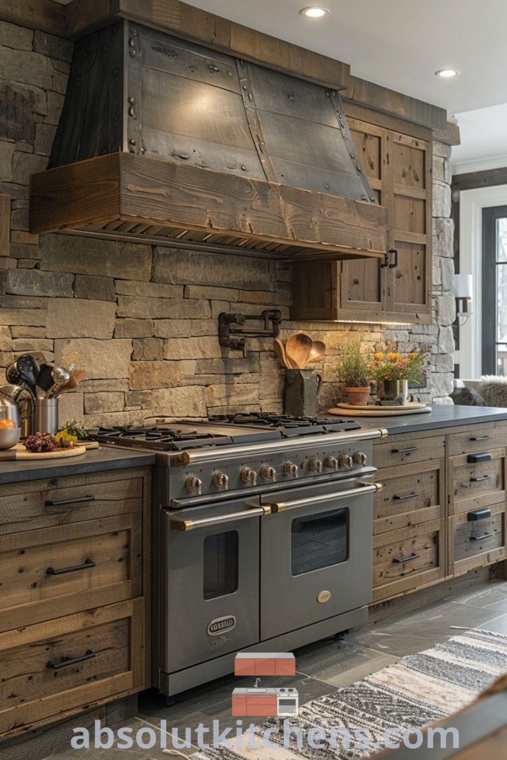 A rustic kitchen showcasing a stove top oven nestled among wooden cabinets and a stone backsplash, perfectly blending the aesthetic of rustic copper with cozy charm. Discover unique design trends and decorating ideas for your home at absolutkitchens.com.