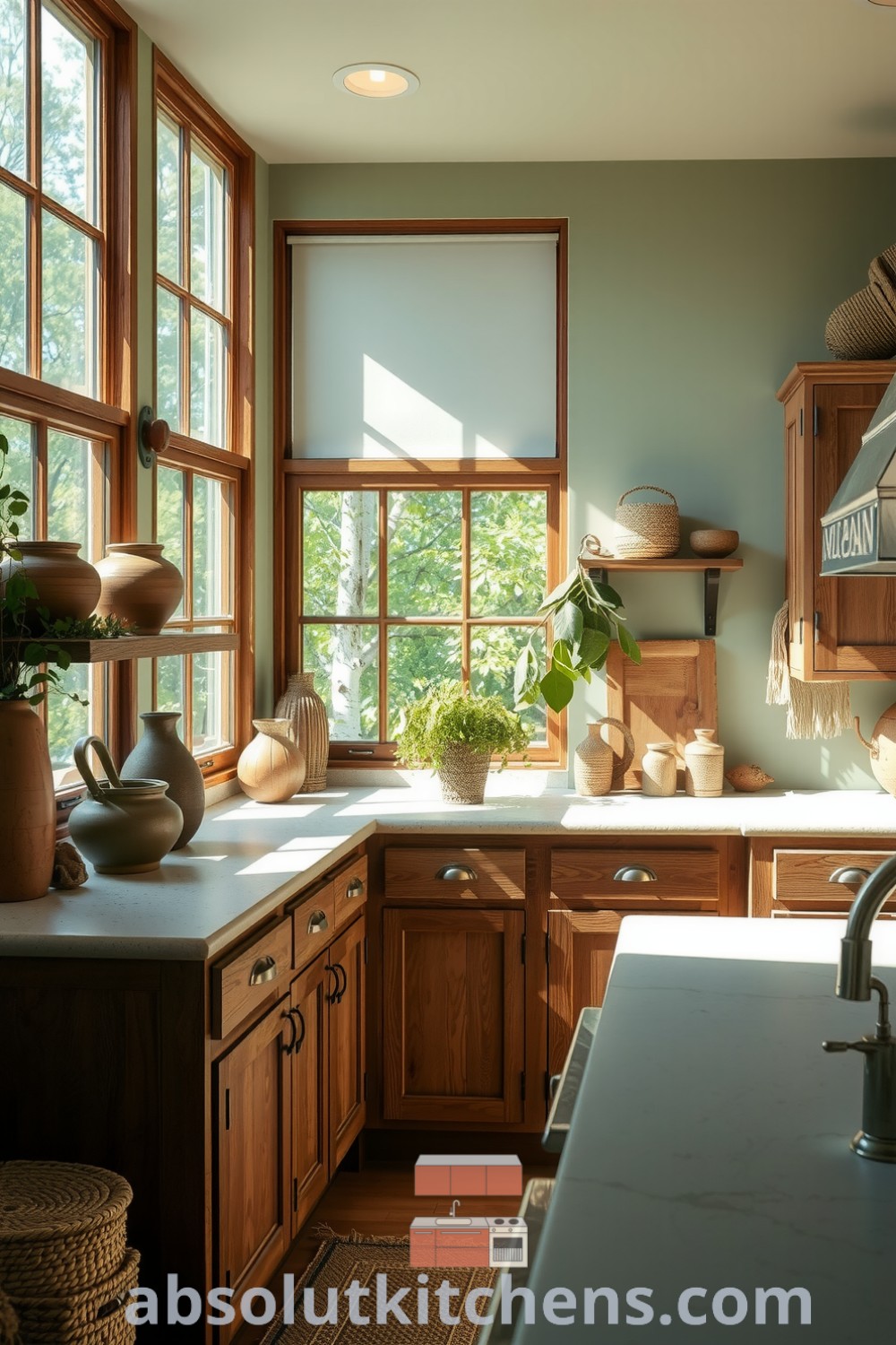 Cozy nature-inspired kitchen featuring soft greens, earthy browns, smooth stone countertops, and organic wooden cabinetry, enhanced by sunlight illuminating fresh herbs and rustic decor ideas like woven baskets and handmade pottery, from absolutkitchens.com.