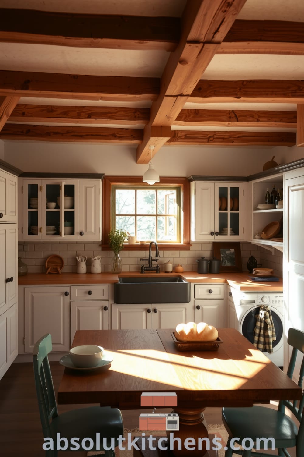 Rustic kitchen featuring weathered white cabinets, exposed wooden beams, a farmhouse sink, and an oak table, creating a warm and inviting space perfect for cozy gatherings and family memories. Visit fireplacesandwoodstoves.com for more cozy home design ideas and inspirations.