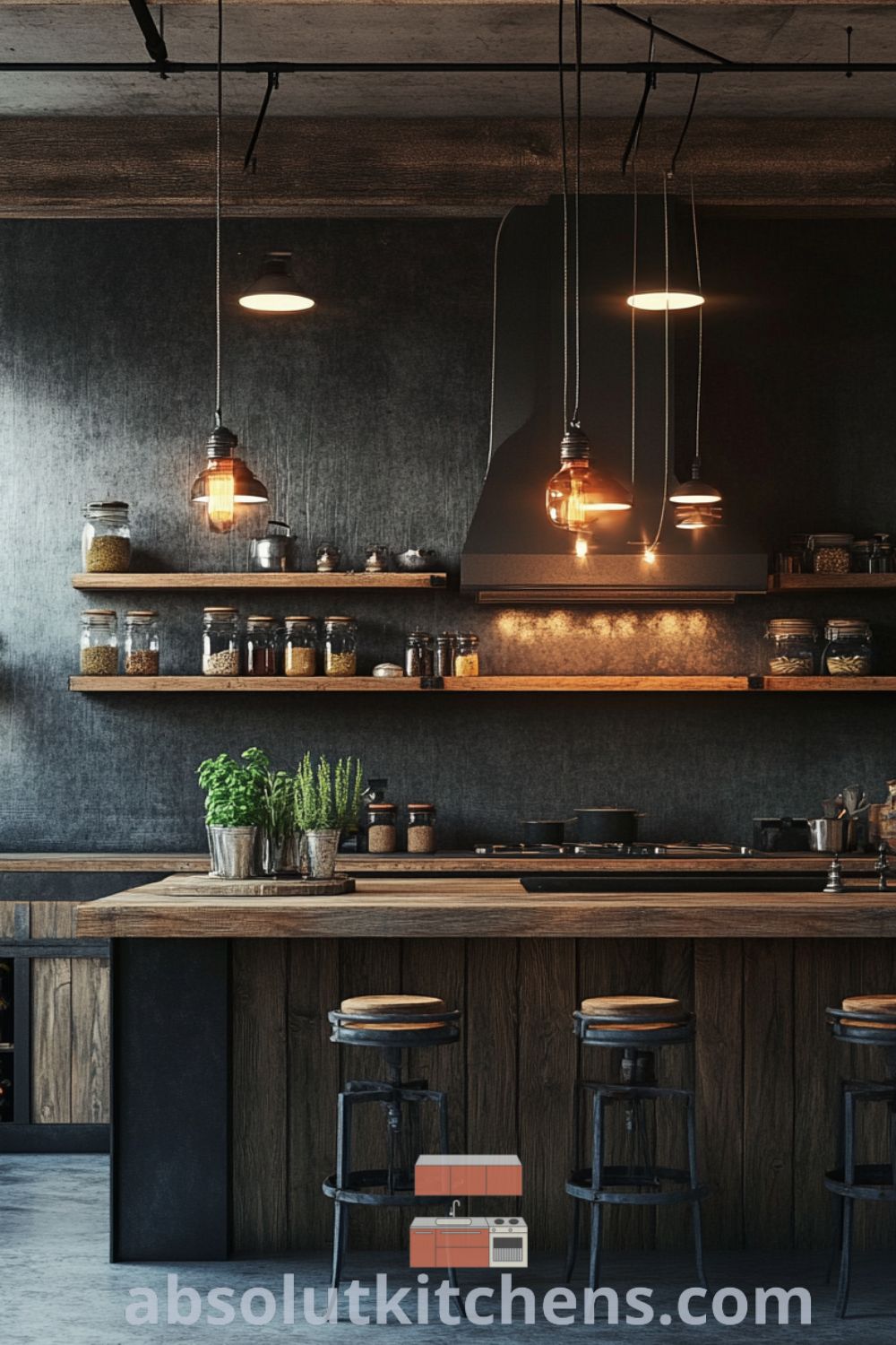 Loft kitchen scene on absolutkitchens.com featuring reclaimed wooden island, cozy aesthetics, and design trends for home decor ideas.