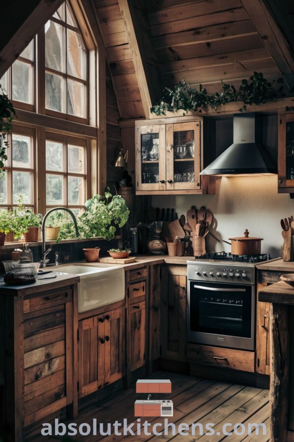 A charming kitchen with wooden floors and large windows that create a cozy and inviting space. This timber cottage kitchen exemplifies rustic cozy house aesthetics and offers design tips for creating a woodland cottage interior. Visit absolutkitchens.com for more decor ideas for small spaces.