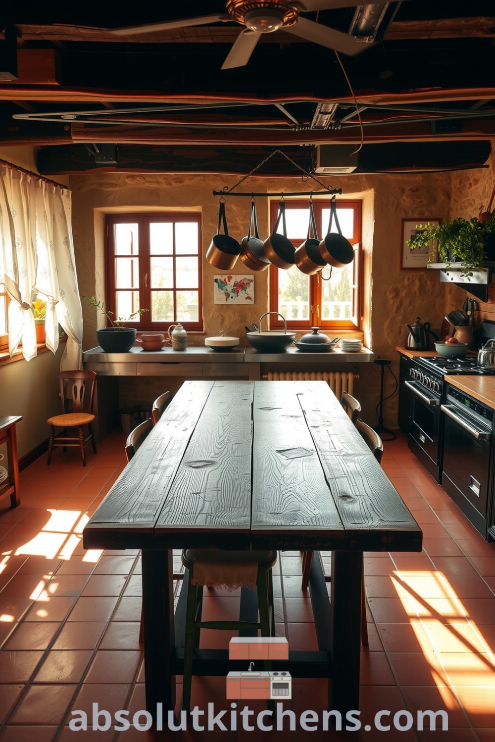 Cozy French kitchen with warm sunlight filtering through lace curtains, terracotta floors, exposed stone walls, and a farmhouse table, featuring copper pots and the aroma of fresh bread and herbs, perfect for inspiring decor ideas for your home at absolutkitchens.com.