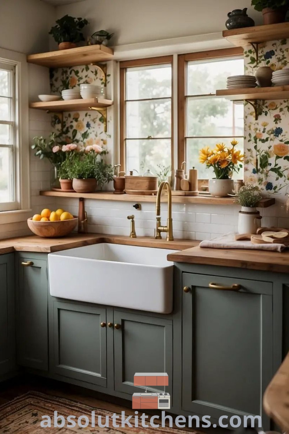 A cozy kitchen with green cabinets, yellow flowers on the window sill, embodying charming design ideas for small spaces. This homey kitchen aesthetic blends 1920s house interior design with modern updates, showcasing unique decorating ideas for those seeking inspiration. Visit absolutkitchens.com for more cozy kitchen inspirations.