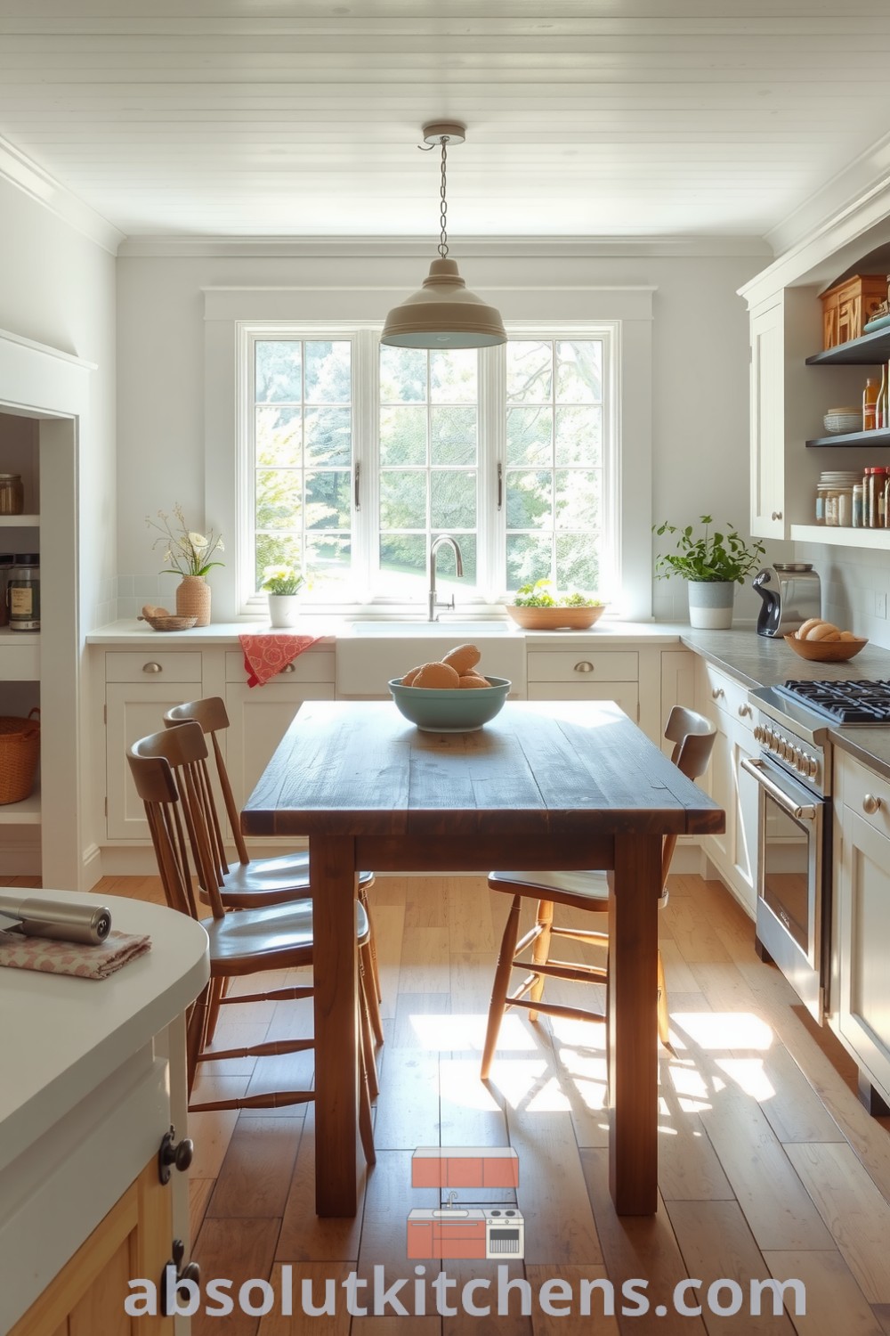Cozy farmhouse kitchen featuring a wooden table surrounded by mismatched chairs, with natural light highlighting stone accents and open shelves filled with spices and homegrown herbs. Perfect for cozy home decor inspiration, visit absolutkitchens.com for design ideas.