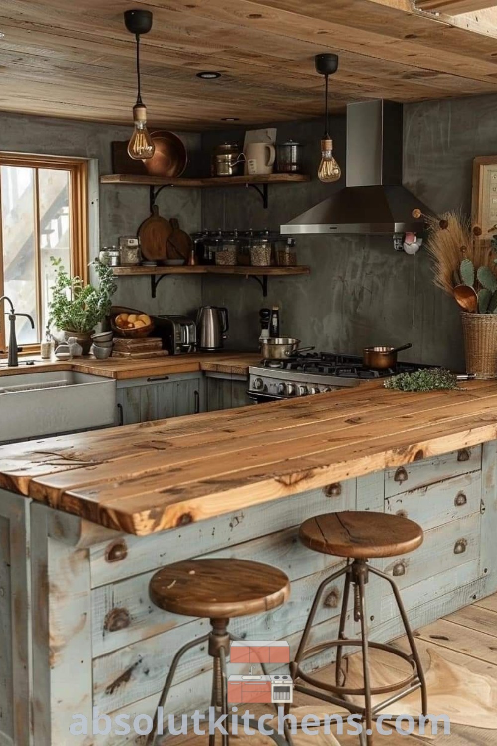 A rustic kitchen with a charming island at the center, complemented by two stools, rustic countertops, and warm colors. This cozy aesthetic provides design tips and ideas you need to see for your home. Explore modern barn kitchen and rustic kitchen design inspirations at absolutkitchens.com.