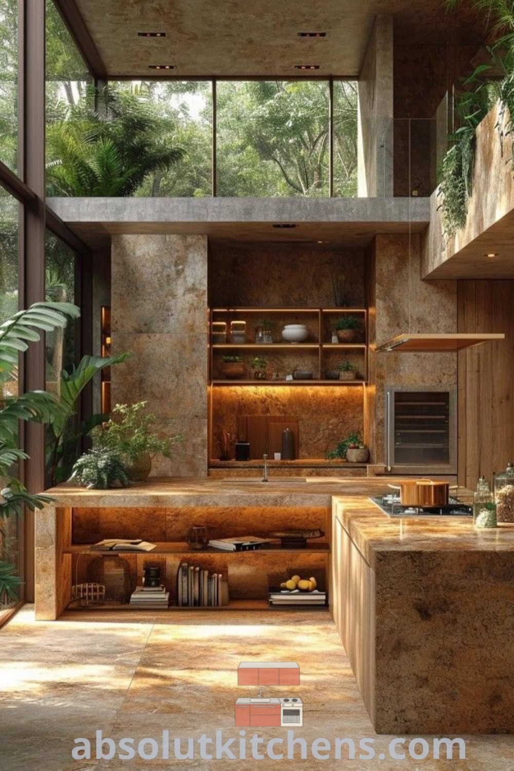 An open kitchen and living room featuring lush plants in the corner on either side of the counter, exemplifying a modern luxury kitchen design. This Jungle Villa-inspired space showcases decor ideas for small spaces and a cozy aesthetic, offering functional living solutions. Explore more design trends at absolutkitchens.com.