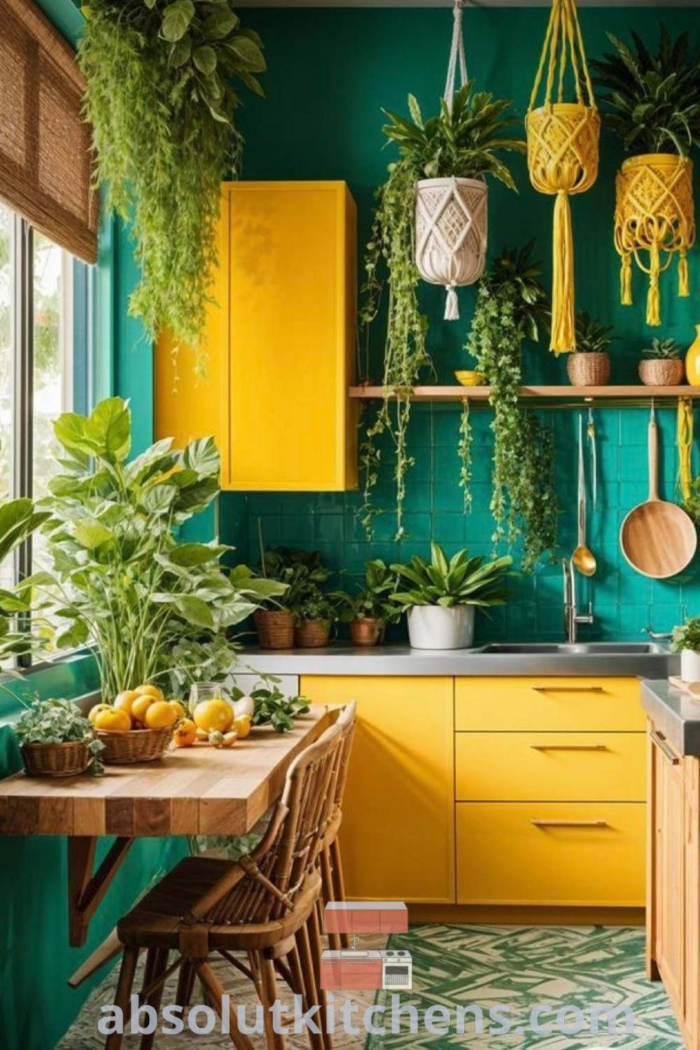 A colorful rustic kitchen featuring green and yellow decor, hanging plants, and potted plants on shelves. This eclectic space showcases inspiring kitchen color ideas for walls and decor ideas for small spaces on absolutkitchens.com.