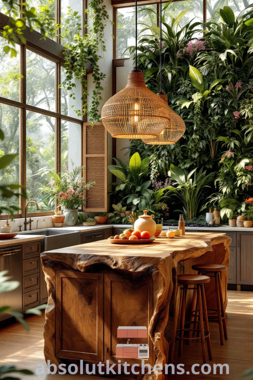 A bright tropical kitchen featuring a vertical garden, stylish bamboo pendant lights, and modern decor elements. This inspiring setup combines Costa Rica home design with bohemian style, perfect for small spaces. Explore more kitchen decor ideas at absolutkitchens.com.